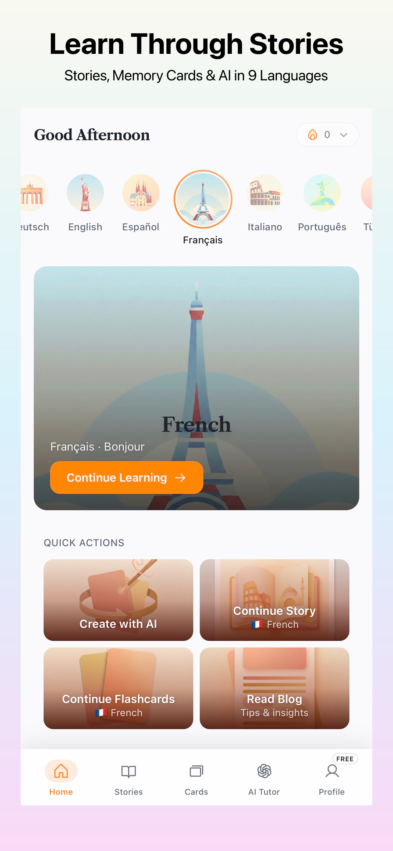 Story Languages home screen with language selection and flashcard decks