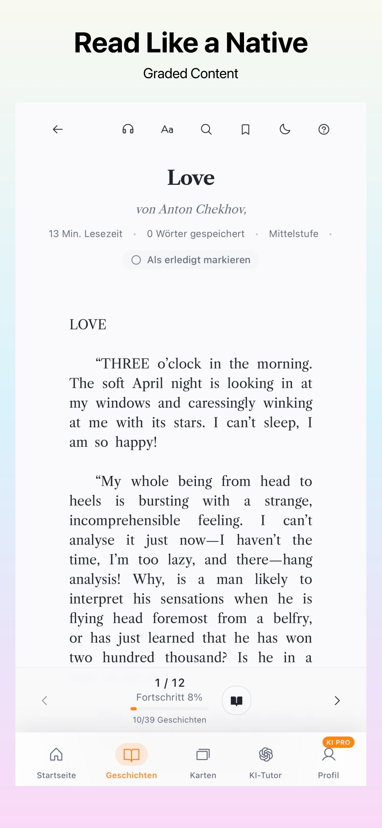 Reading a story with tap-to-translate word popover